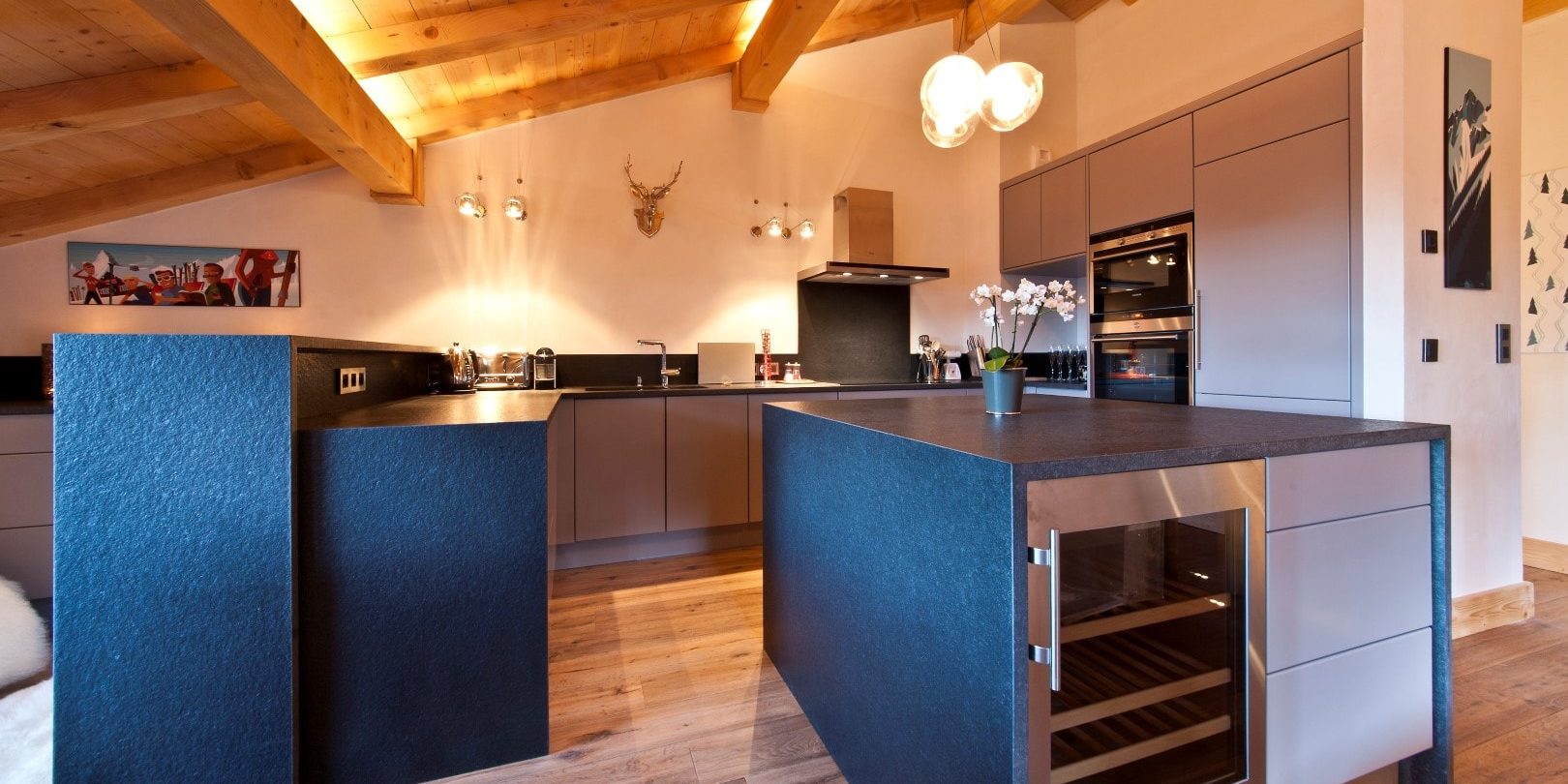 Appartement No. 5 Les Gets Les Portes du Soleil Frankrijk wintersport skivakantie luxe keuken eiland afzuigkap Orchidee hert hanglamp houten balken schilderijen
