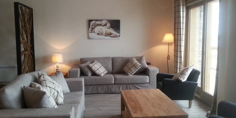 Residence Carlina Belle Plagne Paradiski Frankrijk wintersport skivakantie luxe living grijze banken kussens salontafel grijze fauteuils schilderij ijsberen kamerscherm raam lampen balkon