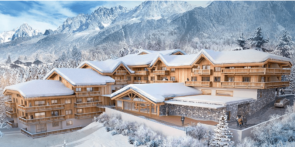 MGM Residence Les Chalets Elena Les Houches Chamonix Mont Blanc Frankrijk wintersport skivakantie luxe ligging chalets Elena besneeuwde bomen besneeuwde bergen sneeuw