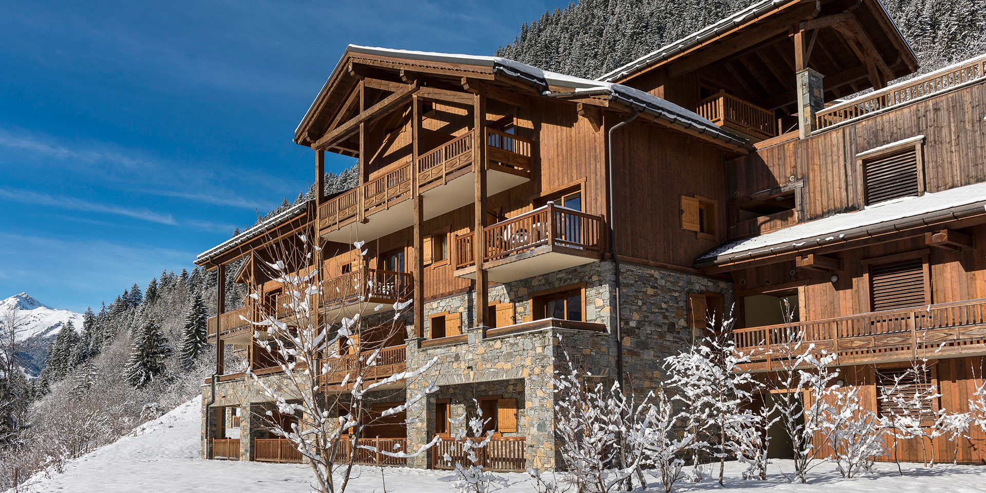 CGH Les Alpages de Champagny Champagny en Vanoise Paradiski Frankrijk wintersport skivakantie luxe residence ligging bomen sneeuw besneeuwde bergen
