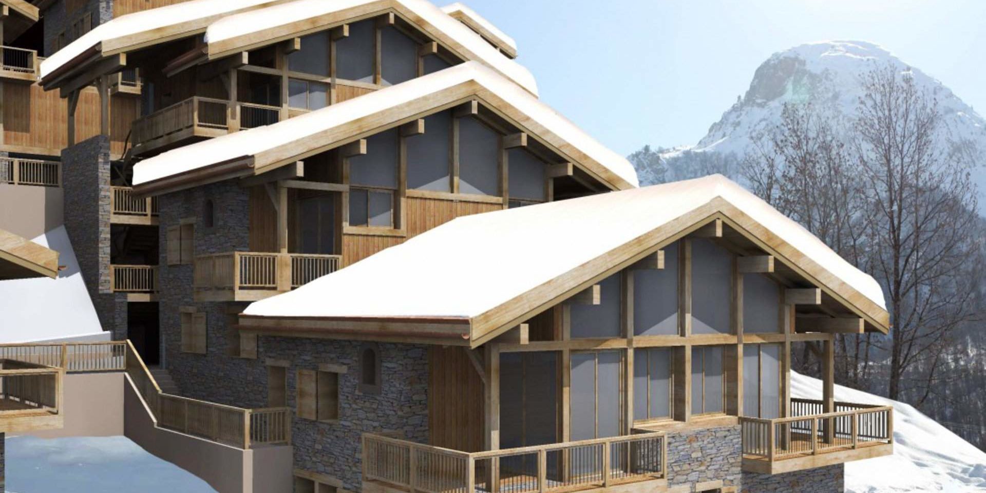 Hameau de Caseblanche Saint Martin de Belleville Les 3 Vallees Frankrijk wintersport skivakantie luxe ligging appartementen chalets besneeuwde daken bomen besneeuwde bergen