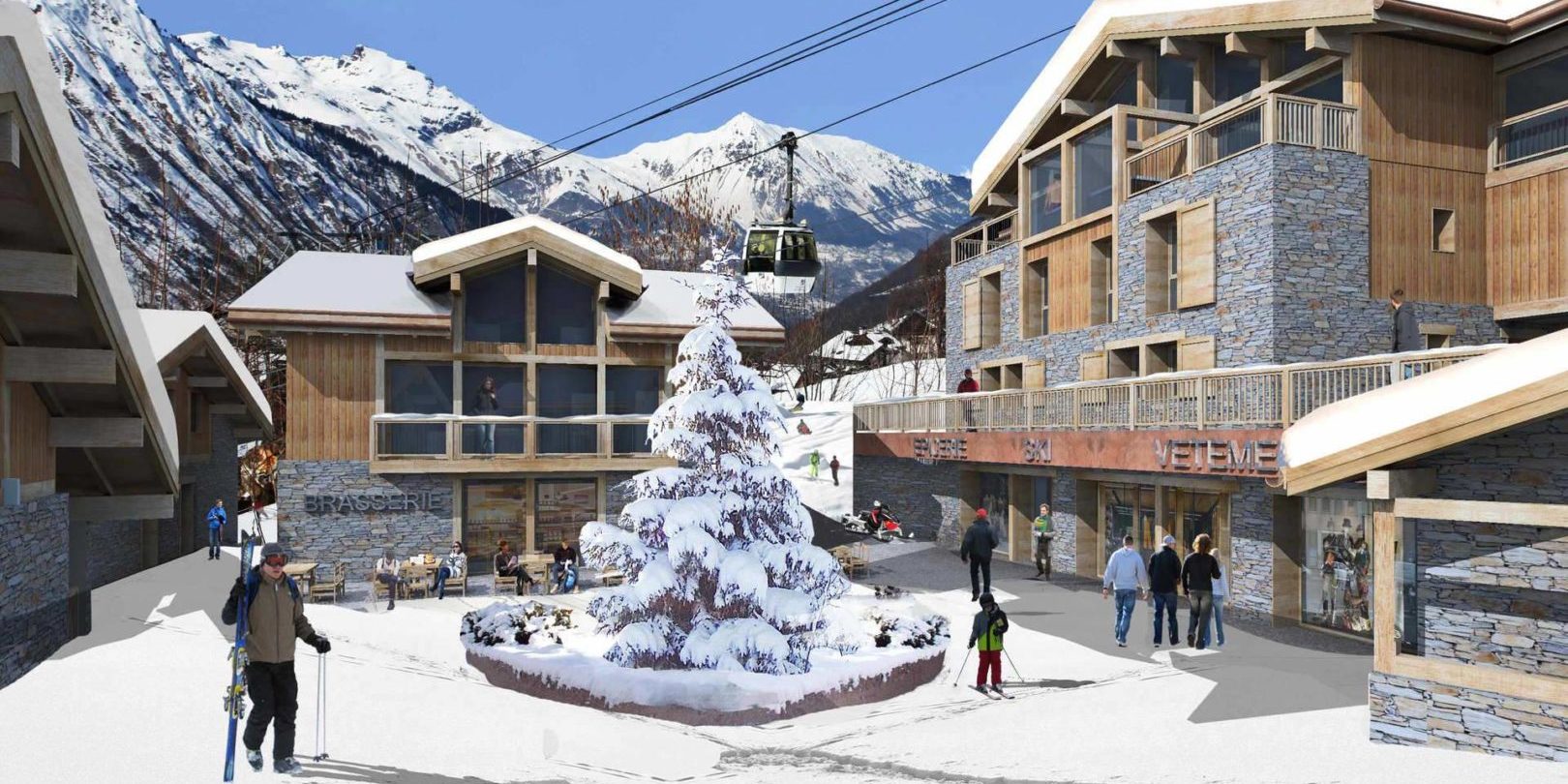 Hameau de Caseblanche Saint Martin de Belleville Les 3 Vallees Frankrijk wintersport skivakantie luxe ligging appartementen chalets plein besneeuwde kerstboom gondel besneeuwde bergen