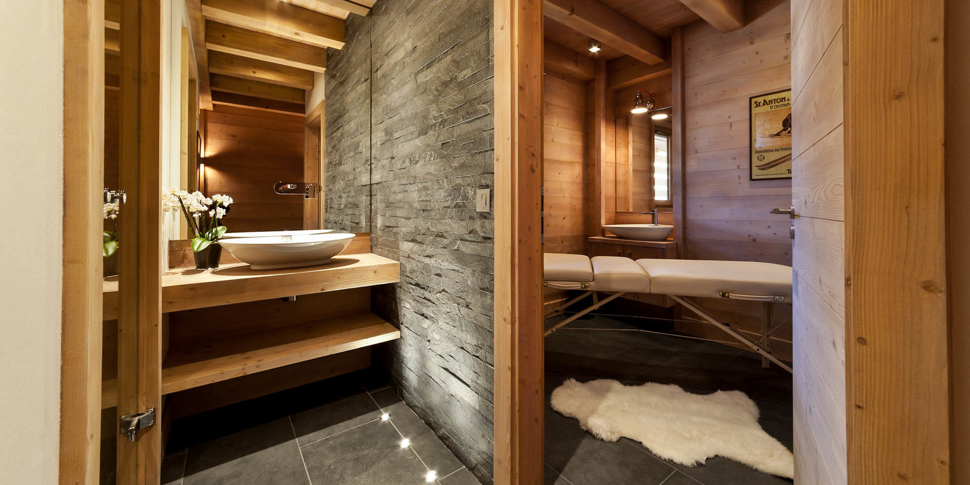 Penthouse Les Gets Les Portes du Soleil Frankrijk wintersport skivakantie luxe massageruimte vloerkleed waskom Orchidee ontspannen relaxen genieten